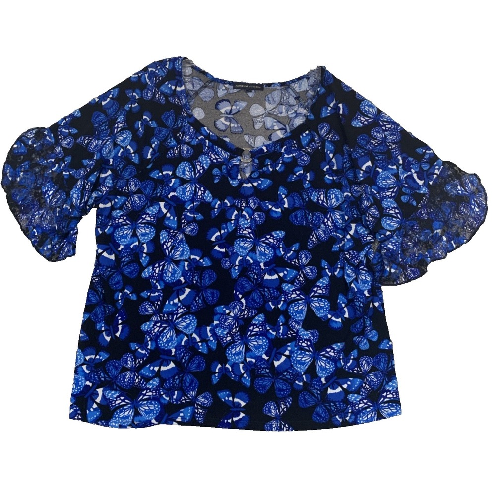 Adrienne Vittadini Blue Black Butterfly Boho Peasant Bell Sleeve Blouse Women M